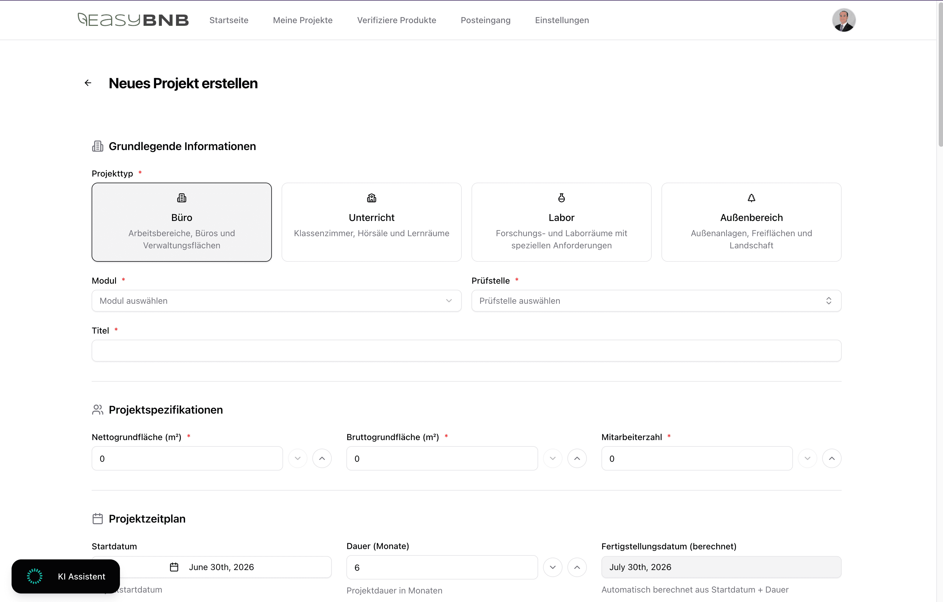 Formular „Neues Projekt erstellen" mit Projekttyp, Modul und Projektspezifikationen