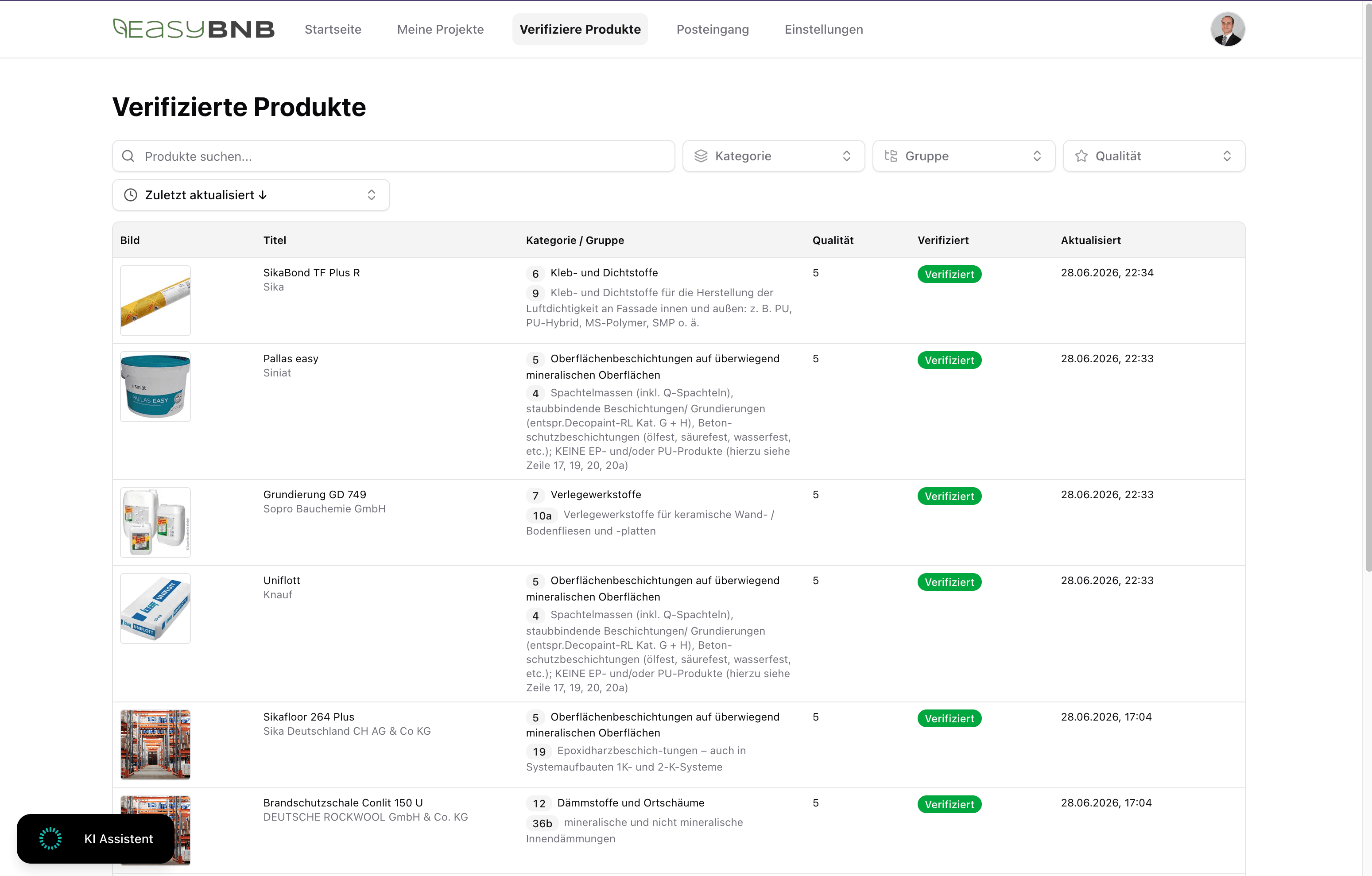 Liste verifizierter Bauprodukte mit Kategorie, Qualität und Verifiziert-Status