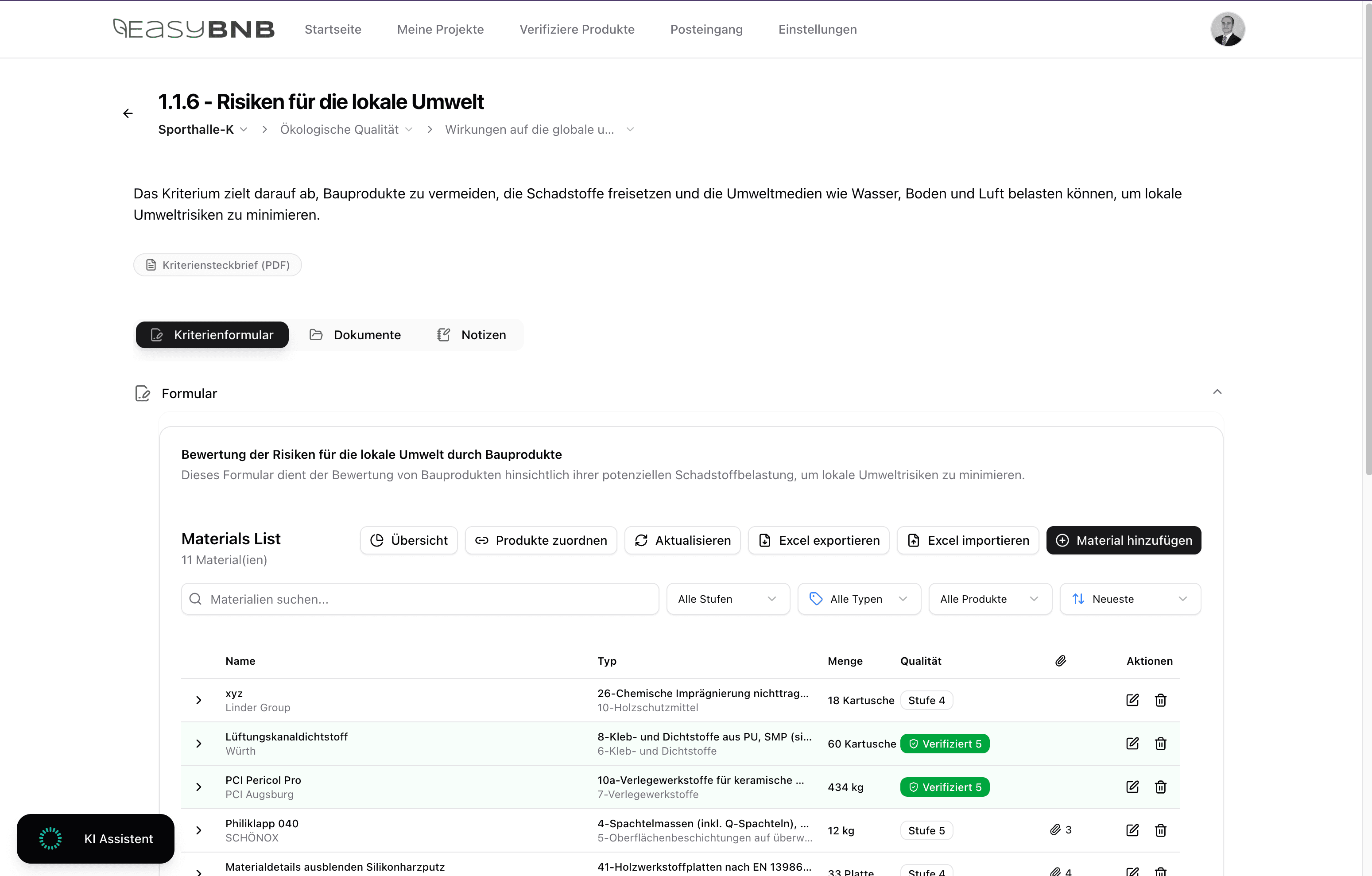 Materialliste eines Kriteriums mit Typ, Menge, Qualitätsstufe und Aktionen